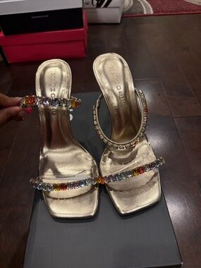 INC International Concepts Gold Jeweled Slide Heels with Multicolored Crystals